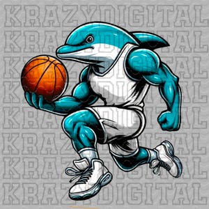 May include: A blue dolphin wearing a white basketball jersey and shorts, dribbling an orange basketball. The dolphin has a determined expression on its face and is in mid-dribble.