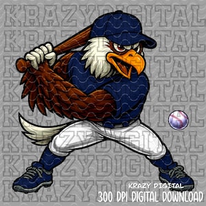 May include: A digital illustration of an eagle playing baseball. The eagle is wearing a navy blue baseball cap, jersey, and shoes, with white trousers. It is holding a wooden bat and a baseball is in the air. The image has the text "KRAZY DIGITAL" and "300 DPI DIGITAL DOWNLOAD".