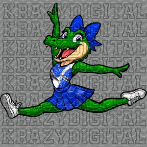 Op de afbeelding: Een cartoon alligator in een blauw en wit cheerleading outfit, die een split uitvoert. De alligator heeft een groen lichaam, een blauwe strik en witte sneakers. De achtergrond is een grijs patroon met de tekst "KRAZY DIGITAL".