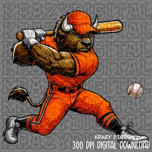 Orange Buffalo Baseball Mascot PNG, Orange Bison School Mascot, Baseball Mom, Orange Bison Logo, Baseball Sublimation, Game Day Spirit