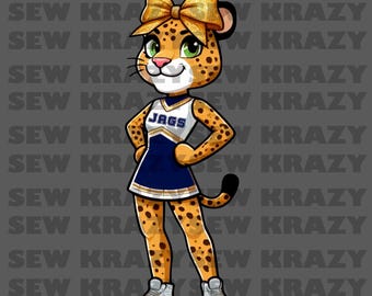 Navy Gold Jaguar Cheerleader PNG, Jaguar Girl Cheerleader Bow Mascot, Jaguar Cheer School DTF, Mom Spirit Shirt, Jaguar Dance Sublimation
