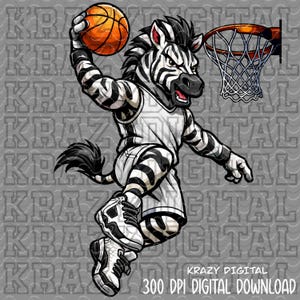 Puede incluir: Ilustración digital de una cebra jugando al baloncesto, con camiseta y pantalones cortos blancos. La cebra está haciendo un mate con el balón naranja. Incluye el texto "KRAZY DIGITAL" y "300 DPI DIGITAL DOWNLOAD".