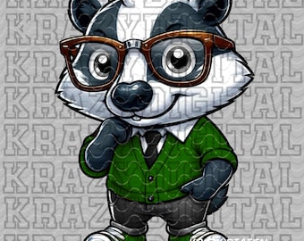 Badger Back To School, Green Shirt Badger Academics PNG, Student Digital, Studious Boy Design, Glasses Smart Nerdy Guy, Back to School