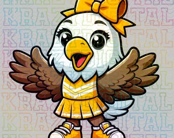Mascota de porristas amarilla de las águilas PNG, diseño digital de niña águila pequeña, diseño de hermana animadora, arte de baile de águila, camiseta de espíritu escolar de águila juvenil PNG