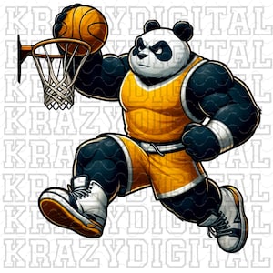 Gul panda basket PNG, djurparksbasketdesign, panda dunkningssporter, gul skolanda, digital pojkebasket