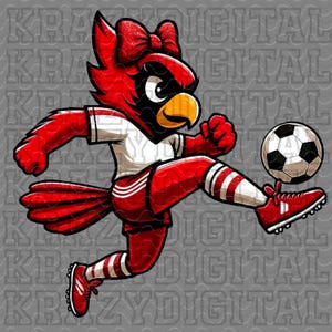 May include: A red cardinal wearing a white jersey with red and white stripes, a red skirt, and white socks with red stripes. The cardinal is kicking a black and white soccer ball with its right foot. The cardinal has a red bow with glitter on its head.