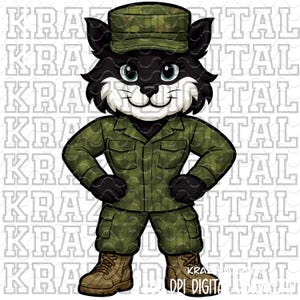 May include: A cartoon illustration of a black cat wearing a green camouflage military uniform, including a cap, jacket, pants, and boots. The cat has a white muzzle and chest, with the text "KRA DPI DIGITAL" at the bottom.
