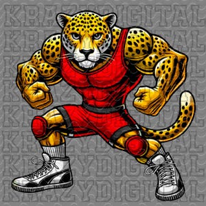 May include: A cartoon cheetah wearing a red wrestling singlet and knee pads. The cheetah has a muscular build and is in a fighting stance. The cheetah is wearing white sneakers with black laces.