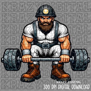 Op de afbeelding: Digitale illustratie van een gespierde mijnwerker die een halter met banden gewichten optilt. De mijnwerker draagt een helm, wit shirt, bretels en werkschoenen. De afbeelding bevat de tekst "KRAZY DIGITAL 300 DPI DIGITAL DOWNLOAD."