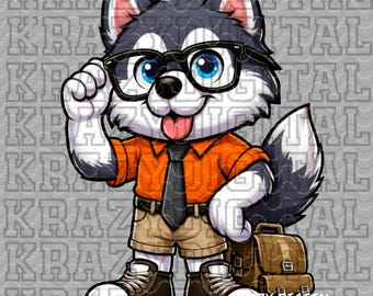 Husky Back To School, Orange Shirt Dog Academics PNG, Student Digital, Studious Design, Glasses Smart Nerdy Guy, Boys Dog School Artwork