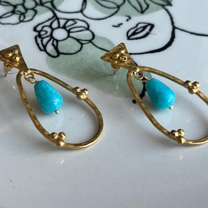 Gold Plated Earrings, Turqoise Stone Earrings, Handmade Earrings, Turkish Design Earrings, Turkish Jewelry, Gold Earrings