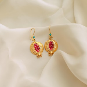 Pomegranate Earrings, Turqoise Earrings, Gold Earrings, Turkish Jewelry, Handmade Design Earrings