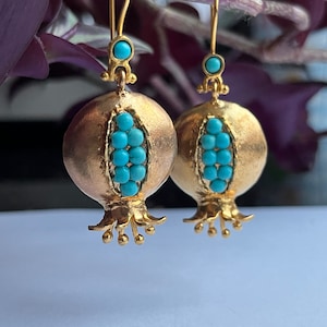 Turquoise Pomegranate Earrings, Pomegranate Jewelry, Pomegranate Earrings, Handmade Design Jewelry, Turkish Handmade Jewelry, Ottoman Design