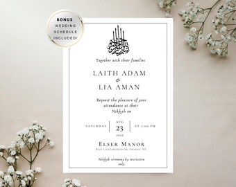 Puede incluir: Una invitación de boda en blanco y negro con los nombres Laith Adam y Lia Aman. La invitación incluye la fecha y la hora de la ceremonia de boda, que está programada para el sábado 23 de agosto de 2025 a las 5:00 PM. La ceremonia tendrá lugar en Elser Manor, ubicado en 8310 Chatsworth Dr, Shandi, NY. La invitación también indica que la ceremonia de Nikkah es solo por invitación.