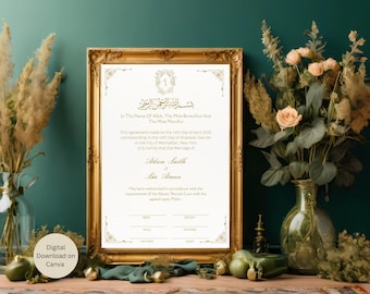 Certificado Nikkah de lujo, contrato de boda islámico premium A4, Nikkah Nama, certificado de matrimonio musulmán, nombres personalizados, Canva editable