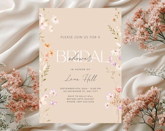 Bridal Shower Invitation, Floral Boho Bridal Shower Invite, Beige Floral Bridal Shower, Editable Bridal Shower Template