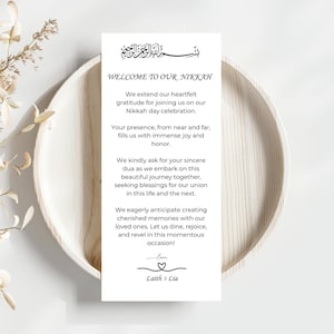 Tarjeta de agradecimiento para el lugar de la Nikkah musulmana, nota de agradecimiento en la servilleta, agradecimiento por la configuración de lugar editable, plantilla de plato de boda con tarjeta de agradecimiento en lienzo