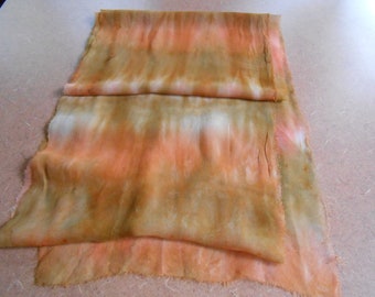 90" Silk Chiffon hand-dyed Salmon and Moss Scarf ready for nuno felting