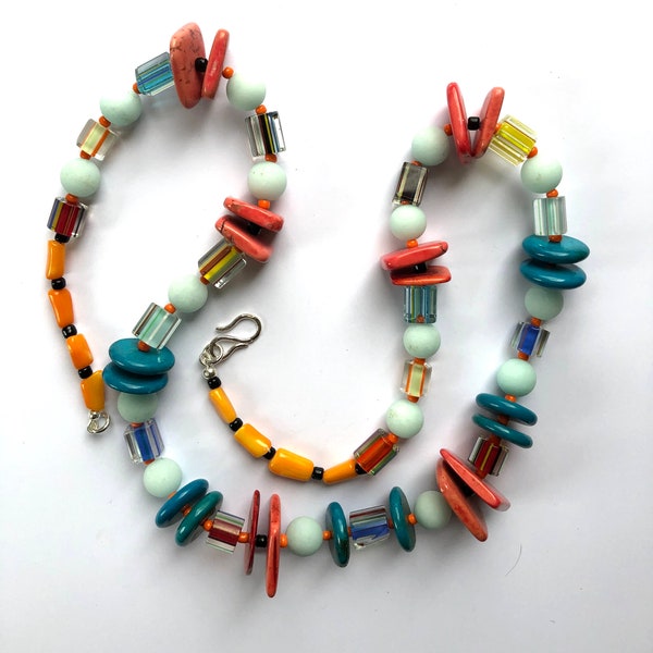 Summery Beaded Necklace in shades of Coral, Turquoise, Frosted Pale Blue, Pale Orange with Handmade Silver Clasp (#7)