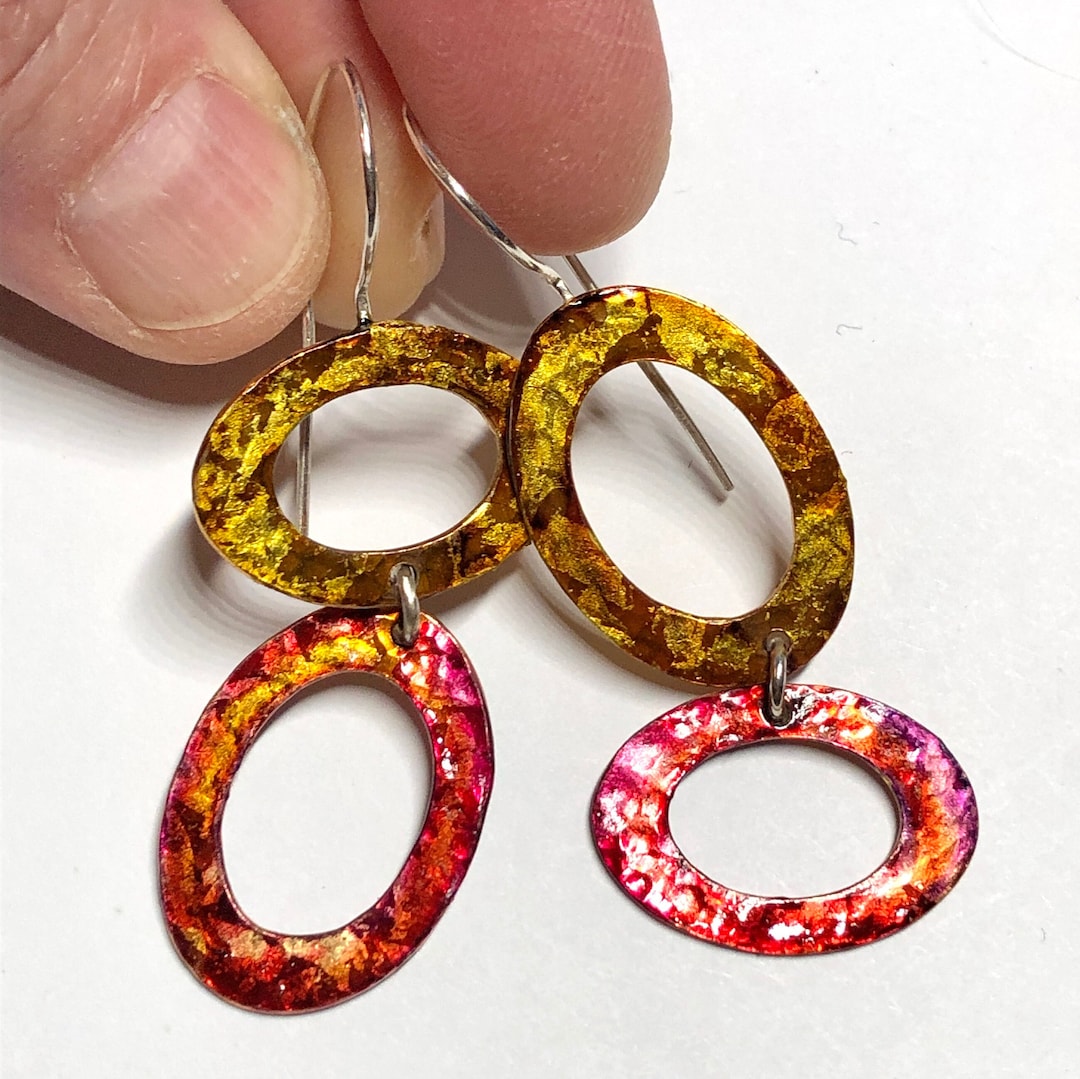Copper 5 Hammered Oval Hoop Drop Earrings With Gold Foil and Etsy
