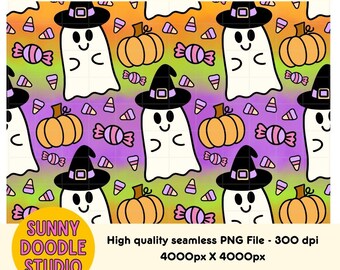 Halloween Seamless Pattern: Spooky Ghosts, Spells (PNG, JPEG Digital Download)