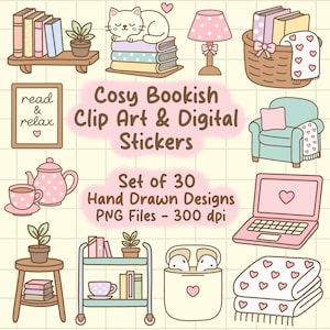 Può includere: Una collezione di adesivi digitali disegnati a mano con un tema accogliente e libresco. Le illustrazioni includono libri, un gatto, una lampada, una teiera, un laptop e una coperta. Il testo recita "Cosy Bookish Clip Art & Digital Stickers".