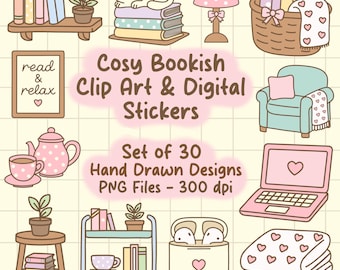 Cosy Bookish Digital Planner Stickers, PNG Bookish Clip Art, Cute Stickers, Printable Stickers, Bullet Journal Stickers, Stickers, Goodnotes