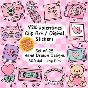 Puede incluir: Un conjunto de pegatinas digitales con temática de San Valentín Y2K. Incluye una cámara rosa, un teléfono plegable, una nota de amor, un teléfono, un radiocasete, un diario, una foto Polaroid, un televisor, una piruleta, una cinta VHS, una pulsera y un oso de peluche.