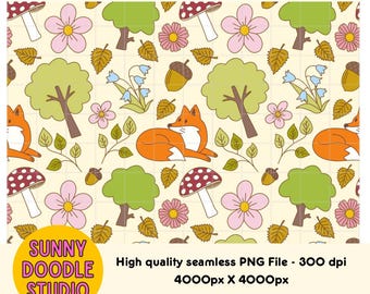 Autumn Fox Seamless Pattern, Woodland PNG (Digital Download)