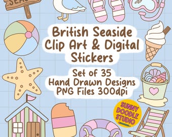 Pegatinas digitales para planificadores costeros británicos, imágenes prediseñadas PNG, pegatinas para álbumes de recortes, pegatinas imprimibles, pegatinas para Bullet Journal, Goodnotes, verano