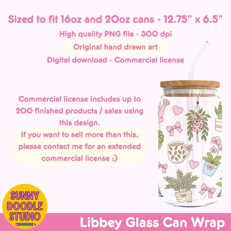 May include: A clear glass can wrap with a wooden lid and a straw. The wrap features a repeating pattern of pink bows, hearts, and potted plants. The text on the image says "Libbey Glass Can Wrap" and "Sized to fit 16oz and 20oz cans - 12.75" x 6.5".