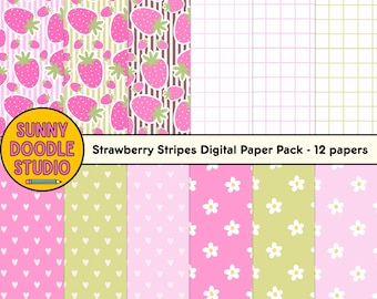 Strawberry Daisy Seamless Pattern, Digital Paper Bundle - PNG Files - Scrapbook Paper, Strawberry Fabric Design, Commercial Use Pattern, png