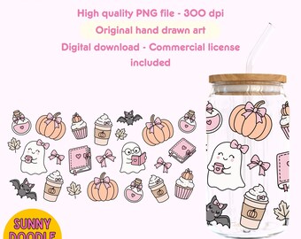 Cute Bookish Halloween Glass Can Wrap, 16oz Glass Can Wrap png, Halloween png, Glass Can Design, Coquette Halloween, Pink Halloween png