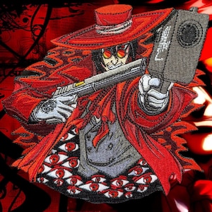 Può includere: Toppa ricamata raffigurante un personaggio con cappotto e cappello rossi, che tiene in mano una pistola. Il personaggio ha occhiali gialli e un'espressione severa. La toppa presenta un design dettagliato con molti occhi rossi.