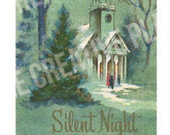 Vintage Silent Night Church Christmas Card - Instant Digital Download