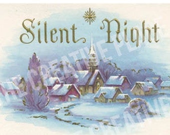 Vintage Silent Night Village Christmas Card - Instant Digital Download