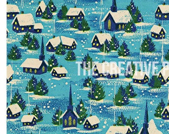 Printable Vintage Blue Christmas Village Wrapping Paper Digital Download