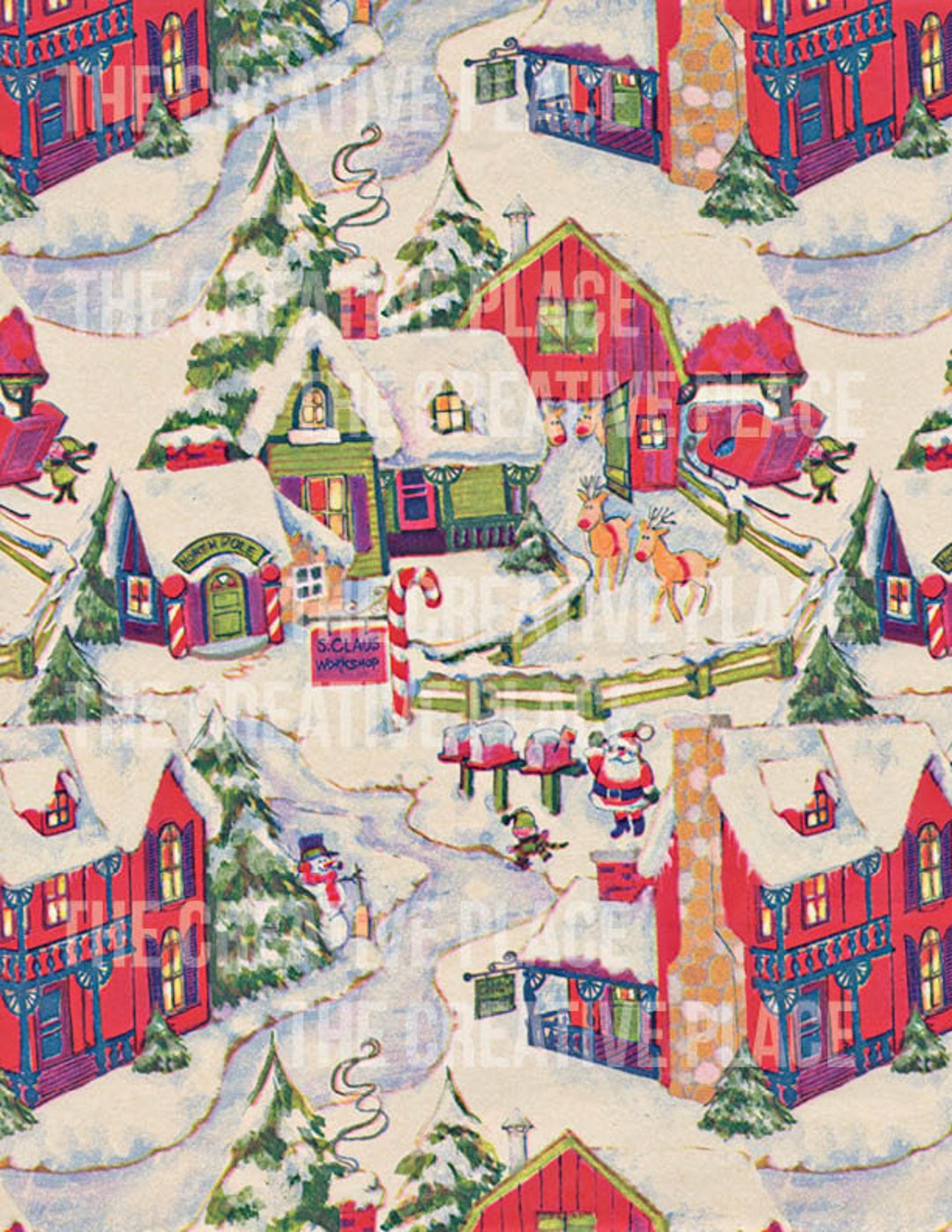 Printable Vintage Santa Village Wrapping Paper Digital - Etsy