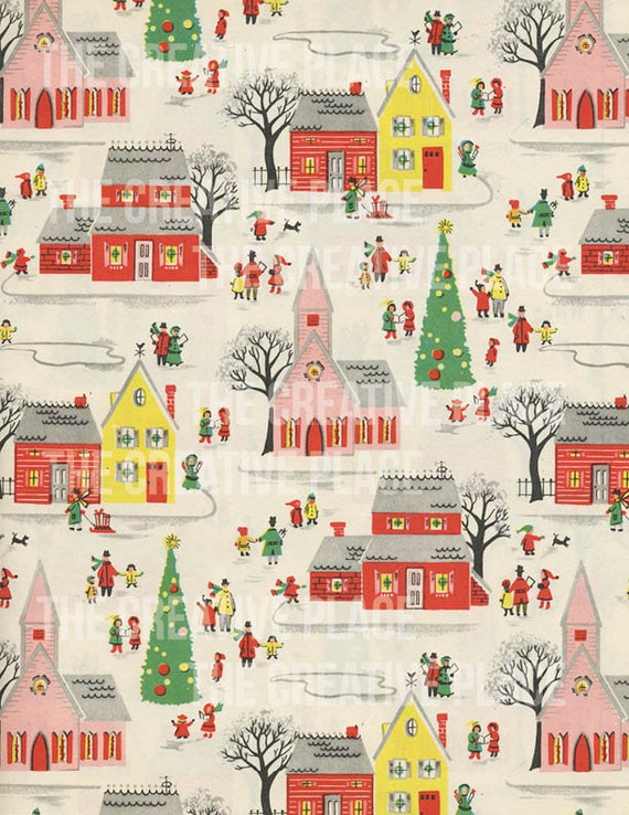 Printable Vintage Christmas Village Wrapping Paper Digital Download