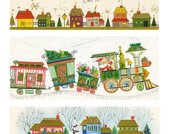 DIGITAL FILE - Vintage Gold Village and Santa Train Christmas Cards - Set of 3