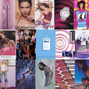 Op de afbeelding: Een collage van advertenties met een verscheidenheid aan producten. Bevat een roze handtas met krokodillenstructuur, een Rolex-horloge met een met diamanten bezette lunette en een fles Estée Lauder parfum. Bevat ook een Kidrobot-figuur.