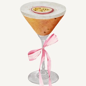 Coquette Pink Bow Passievrucht Martini Digitale Print | Trendy muurkunst | Vrij preppy decor | Cocktailposter