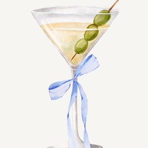 Coquette Blue Bow Martini Digital Print | Modna sztuka ścienna | Ładny, elegancki wystrój | Plakat koktajlowy