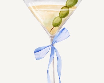 Coquette blauwe strik martini digitale print | Trendy muurkunst | Mooi preppy decor | Cocktailposter