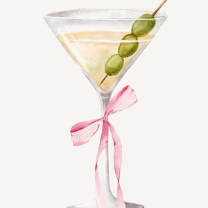 Impresión digital Coquette Pink Bow Martini, Arte de pared moderno, Decoración bastante preppy, Póster de cóctel