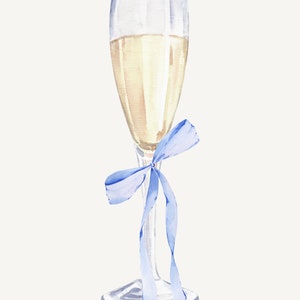 Coquette Blue Bow Champagne Digital Print | Modna sztuka ścienna | Ładny, elegancki wystrój | Plakat koktajlowy