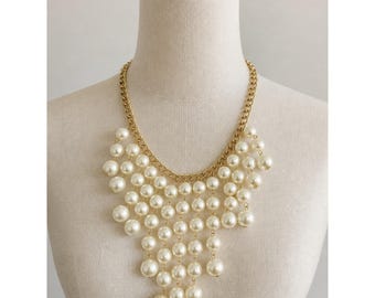 Gold Statement Bib Necklace Imitation Pearl Curb Link White Round