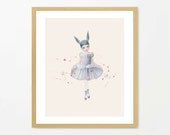 Anthro art, cute art, nursery art, ballerina, home decor, wall art, archival print, digital painting, ballet painting, rabbit ears, bunny.