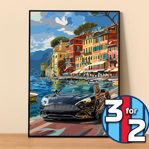 May include: A black sports car parked in front of a colorful building with a waterfront view. The car has a black body and a black interior. The building is a multi-story structure with a variety of colors, including red, yellow, and blue. The waterfront is a body of water with a blue surface and a white sky. The image is a digital painting.