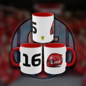 Leclerc Helmet Mug 11oz White-Red | Charles Leclerc Helmet | F1 Mugs | F1 Gifts | Gifts for Him | Ferrari F1 Mug | Car Cuppa | Car Cup |